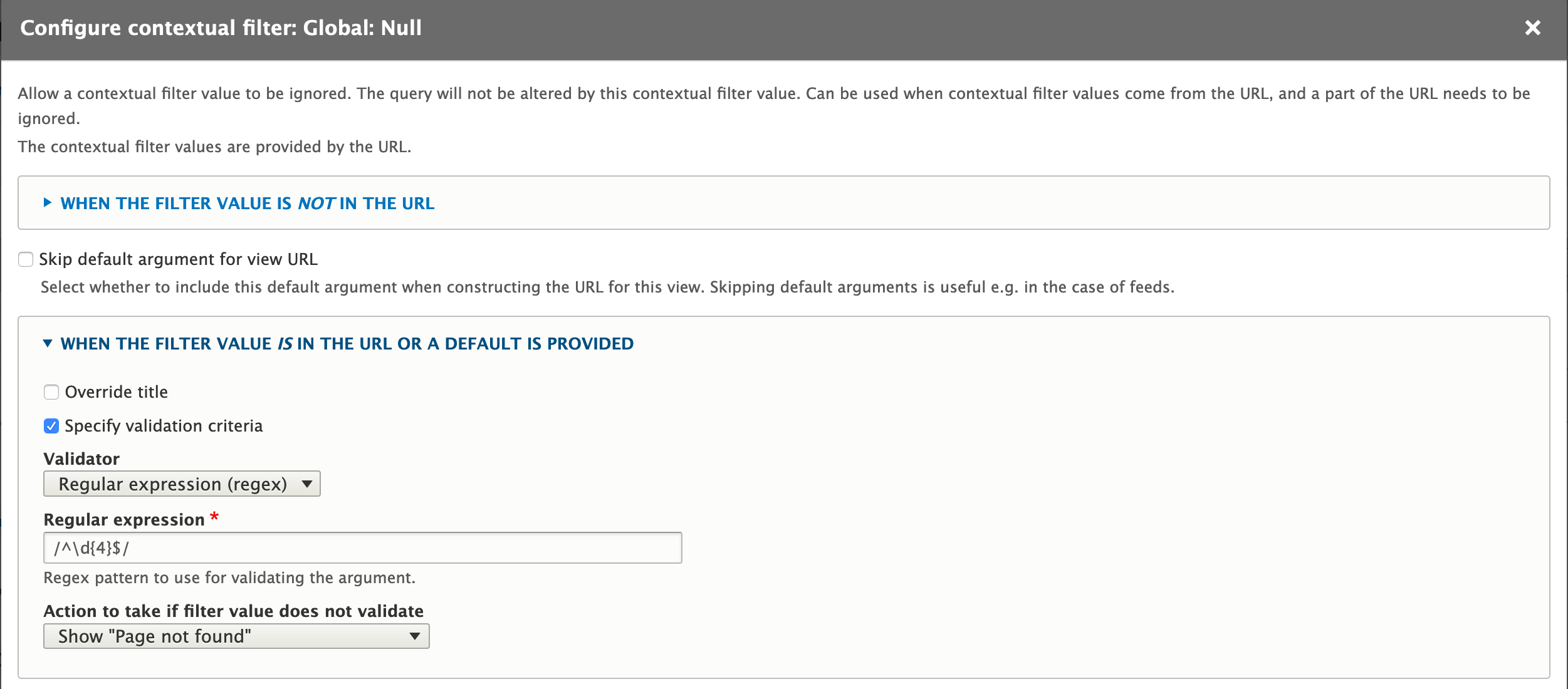 Views Contextual Filter Validator Regular Expression (regex)